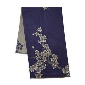 NEW Saachi Floral Reversible Scarf Blossom Royal Blue Grey Fringe Trim